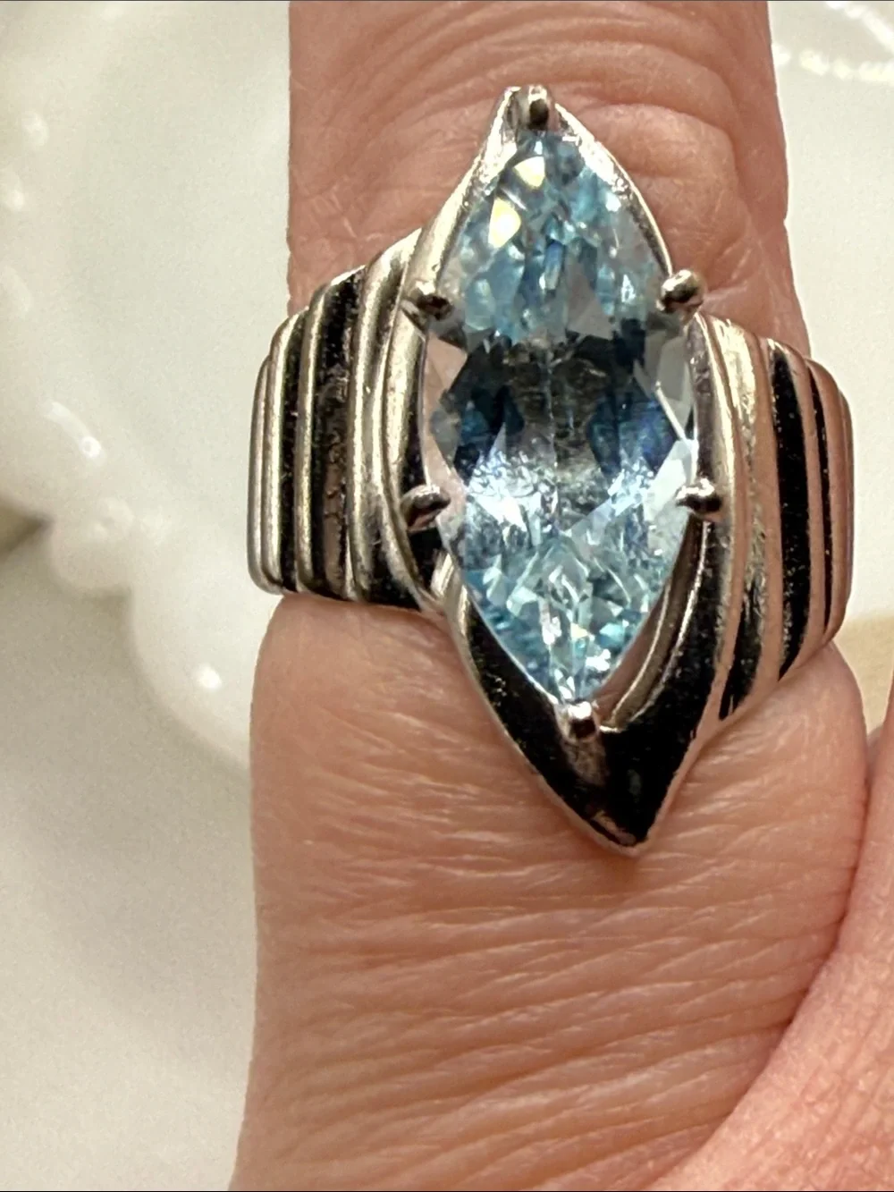 Incredible vintage modernist Silver Ring Blue Marquise Topaz tests sapphire Sz 6